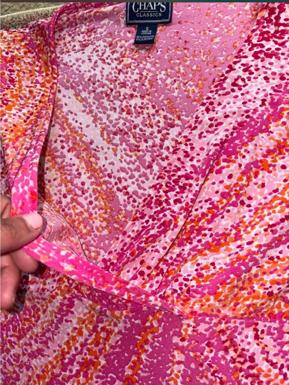 Y2K 2000s Style Chap’s Classics Abstract Pink & Orange V-Neck Faux Wrap Top - Picture 5 of 7
